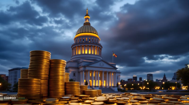 A dramatic photorealistic editorial photograph showing the Maryland State House dome in Annapolis with its distinctive baroqu