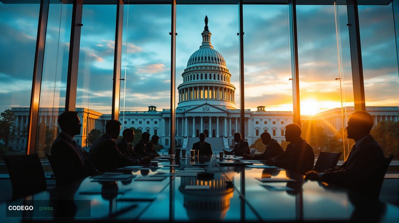 A dramatic photorealistic editorial photograph capturing the urgency of cryptocurrency industry lobbying efforts in Washingto