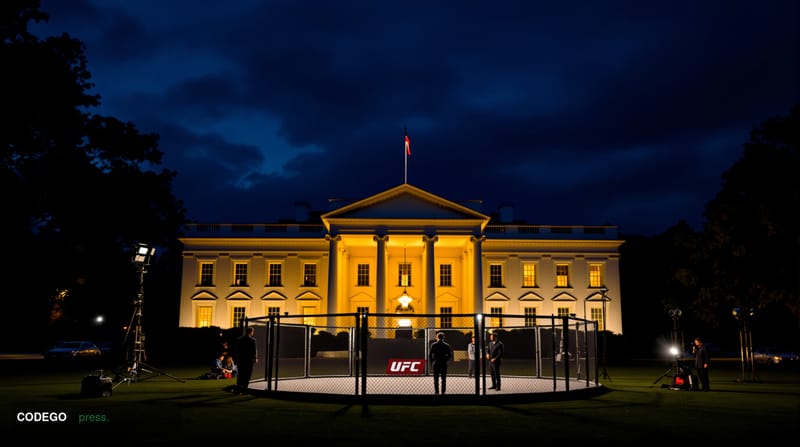 A dramatic cinematic photograph of the White House South Lawn at dusk, with the iconic neoclassical facade illuminated by war