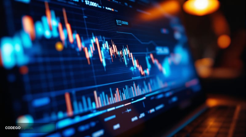 A dramatic financial trading floor scene showing multiple screens displaying red cryptocurrency price charts with Bitcoin pro