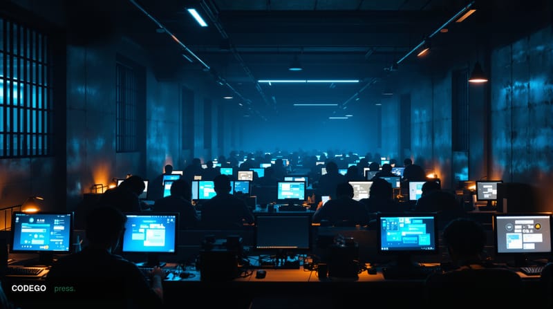 A dramatic photorealistic editorial photograph showing a dimly lit internet café or scam compound interior in Southeast Asia,