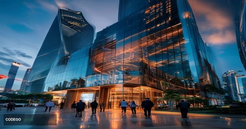 A cinematic editorial photograph showcasing DBS's flagship wealth management centre in Singapore's Central Business District,