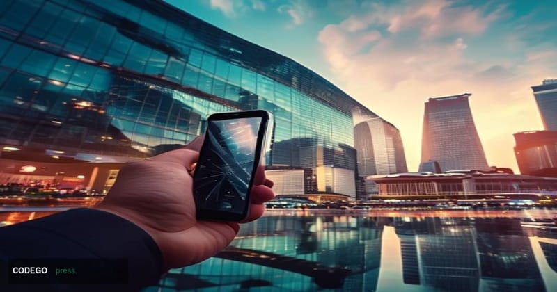 A photorealistic editorial photograph showcasing DBS Bank's Singapore headquarters in the Marina Bay Financial Centre, shot f