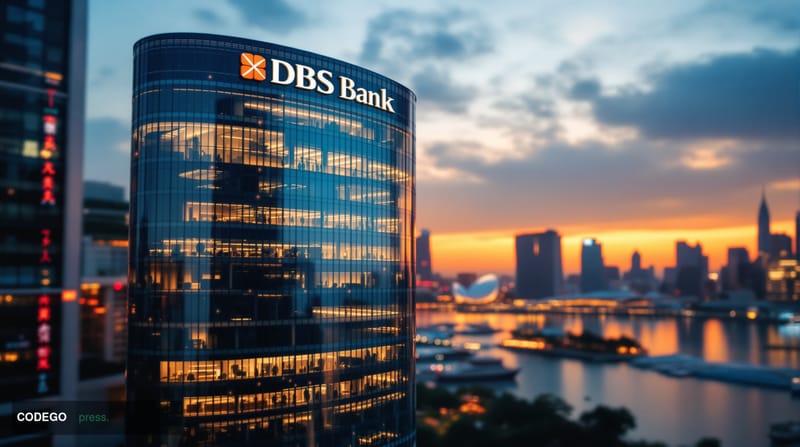 A photorealistic editorial photograph showing the iconic DBS Bank Marina Bay office tower in Singapore's financial district d