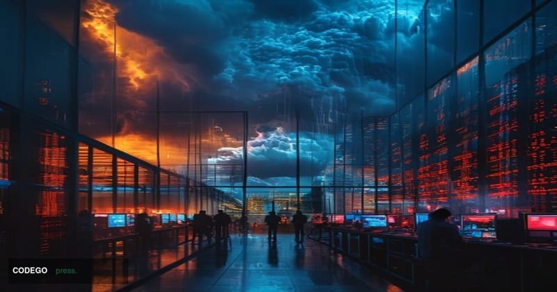A cinematic editorial photograph showing a modern blockchain data center or cryptocurrency exchange office building at dusk, 