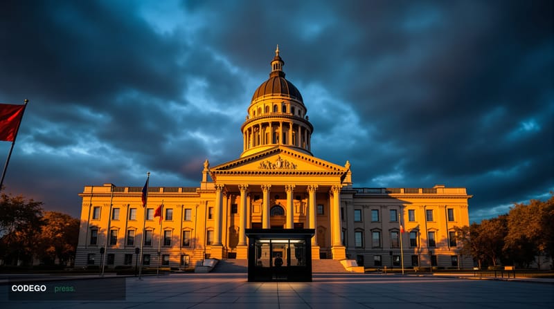 A wide-angle cinematic shot of the Delaware State Capitol building in Dover, captured during golden hour with dramatic side l
