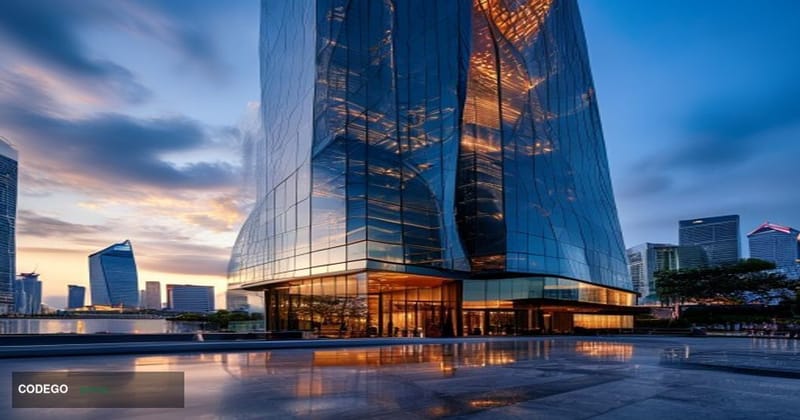 A cinematic editorial photograph of Deloitte's modern glass office building in Singapore's Marina Bay financial district, sho