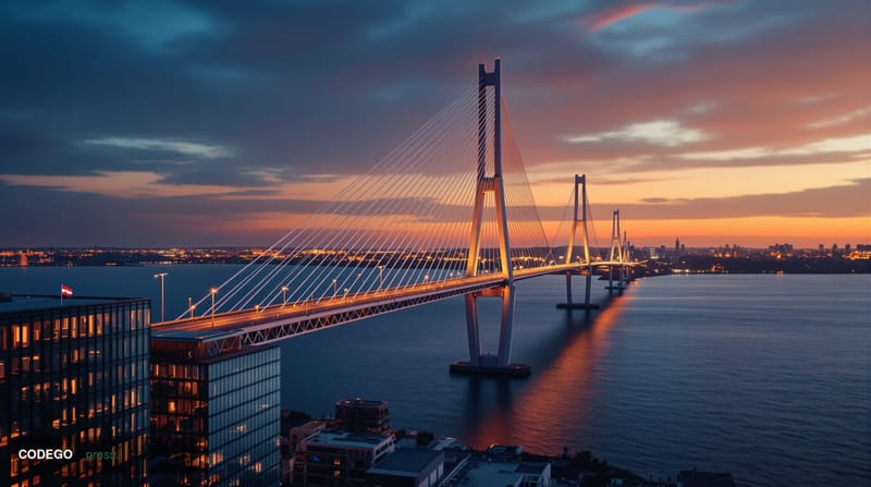 A cinematic editorial photograph capturing the global nature of cross-border payments through an architectural composition fe