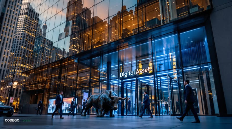 A cinematic editorial photograph of Digital Asset's corporate headquarters building in New York's financial district, shot fr