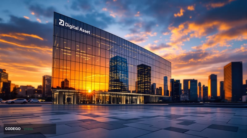 A cinematic editorial photograph of Digital Asset's corporate headquarters or office building exterior during golden hour, wi
