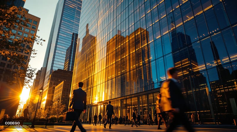 A cinematic editorial photograph of Digital Asset's modern corporate headquarters building in New York City, shot during gold