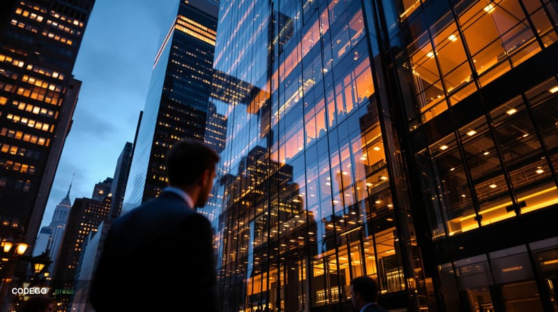 A cinematic editorial photograph showcasing Digital Asset's New York headquarters in a gleaming Manhattan financial district 