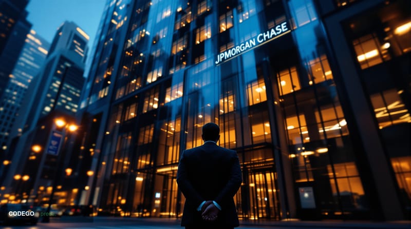 A dramatic editorial photograph capturing the contrast between traditional banking and fintech innovation. The scene shows th