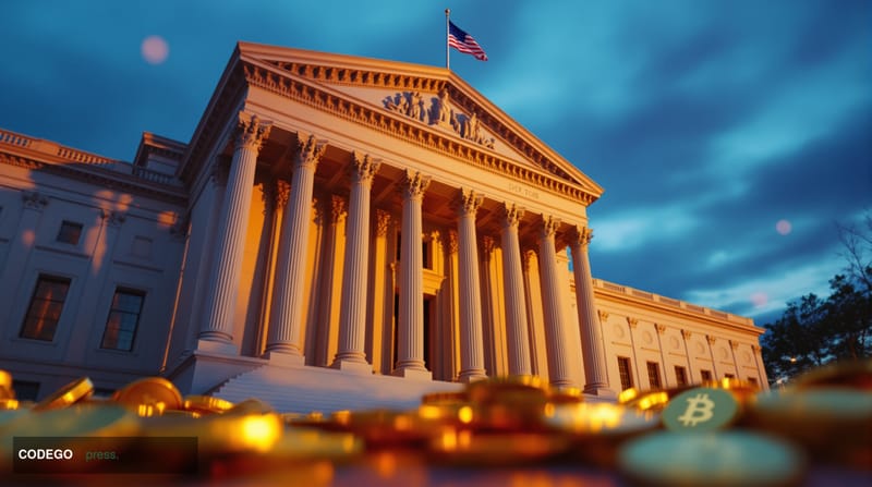 A dramatic photorealistic editorial photograph showing the imposing facade of the U.S. Department of Justice building in Wash