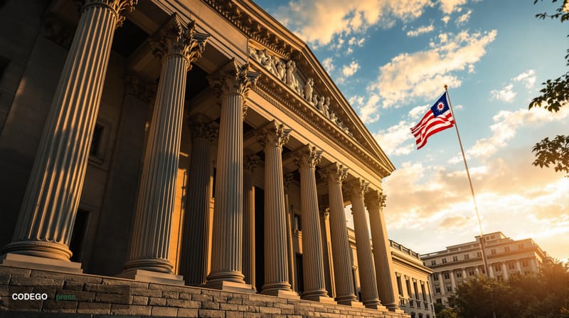 A photorealistic editorial photograph of the US Department of Justice building in Washington DC at golden hour, with dramatic