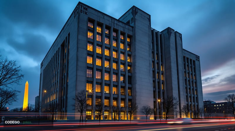 A dramatic cinematic establishing shot of the Robert F. Kennedy Department of Justice building in Washington DC at dusk, capt