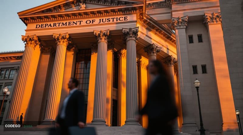 A dramatic photorealistic editorial photograph of the United States Department of Justice building in Washington D.C., captur