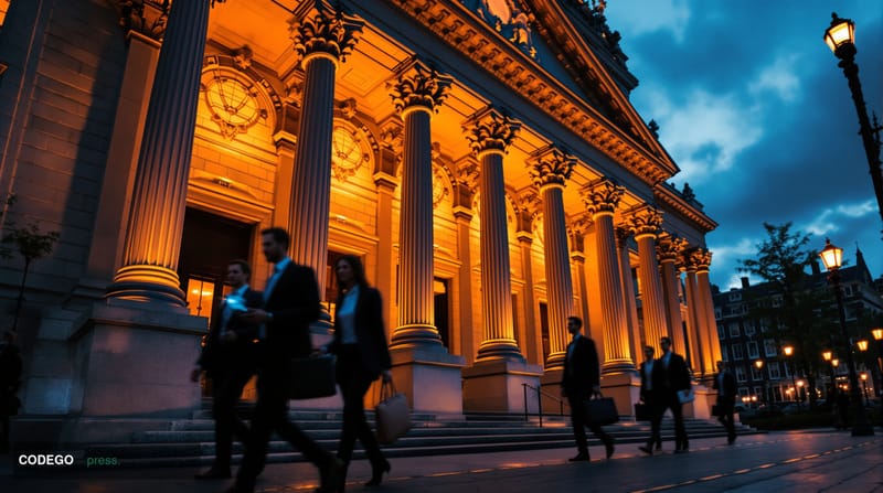 A sophisticated editorial photograph capturing the imposing neoclassical facade of De Nederlandsche Bank's headquarters in Am