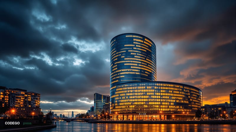 A dramatic photorealistic editorial photograph of the European Central Bank headquarters in Frankfurt am Main, Germany, captu