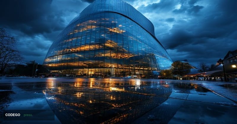 A dramatic photorealistic editorial photograph of the European Central Bank headquarters in Frankfurt am Main, Germany, showi