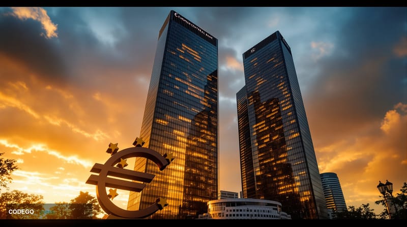 A dramatic photorealistic editorial photograph of the European Central Bank headquarters in Frankfurt, Germany, captured duri