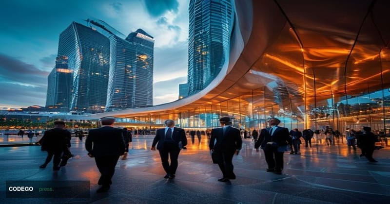 A photorealistic editorial photograph of the Marina Bay Sands convention center in Singapore during a high-level monetary pol