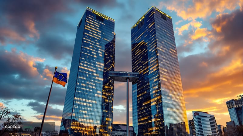 Photorealistic editorial photograph of the European Central Bank headquarters in Frankfurt's banking district during golden h