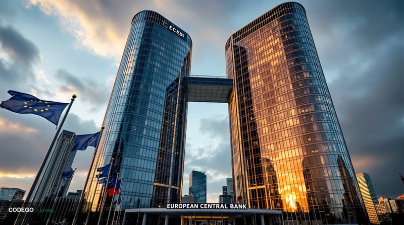 A dramatic architectural photograph of the European Central Bank headquarters in Frankfurt, Germany, captured from a low angl