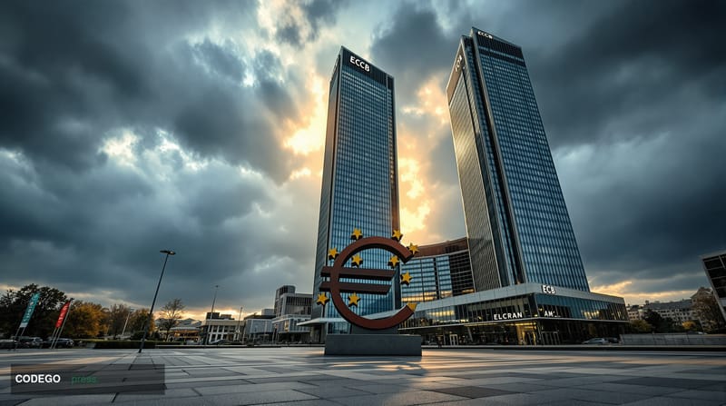 A cinematic editorial photograph of the European Central Bank's distinctive modernist headquarters building in Frankfurt am M
