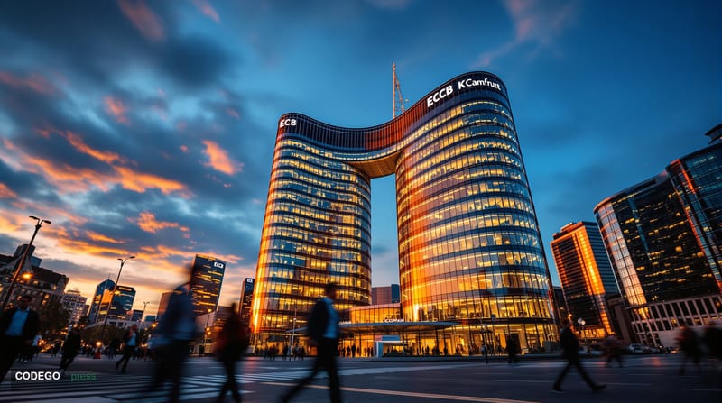 A dramatic wide-angle photograph of the European Central Bank headquarters in Frankfurt am Main, Germany, captured during gol