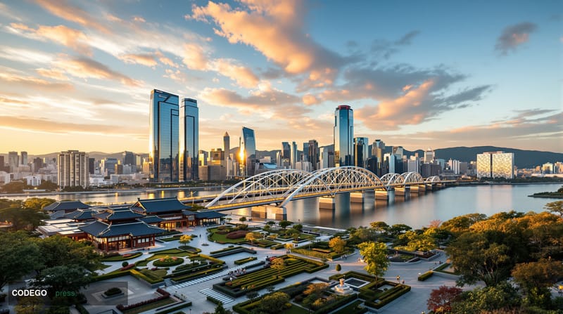A dramatic editorial photograph of the iconic Banpo Rainbow Bridge and Han River skyline in Seoul, South Korea, shot during g