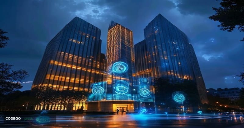 A dramatic photorealistic editorial photograph showing the imposing modernist glass and steel architecture of the European Ce