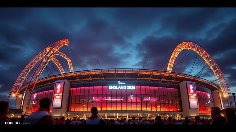 A cinematic editorial photograph showing Wembley Stadium's iconic twin towers and arch illuminated against a moody evening sk