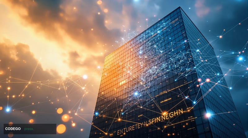 A cinematic editorial photograph showcasing the convergence of traditional finance and decentralized finance through architec
