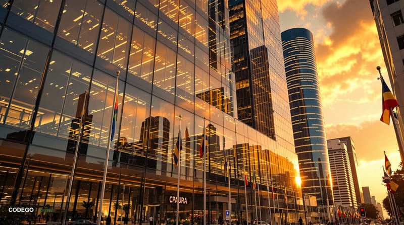 A cinematic editorial photograph capturing the vibrant Brazilian financial district of São Paulo at golden hour, with the rec