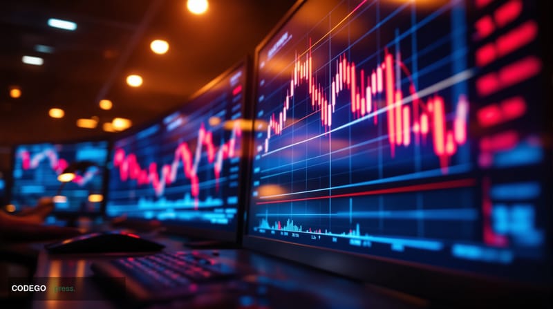 A dramatic close-up view of multiple large trading screens displaying Ethereum price charts with red candlesticks and downwar
