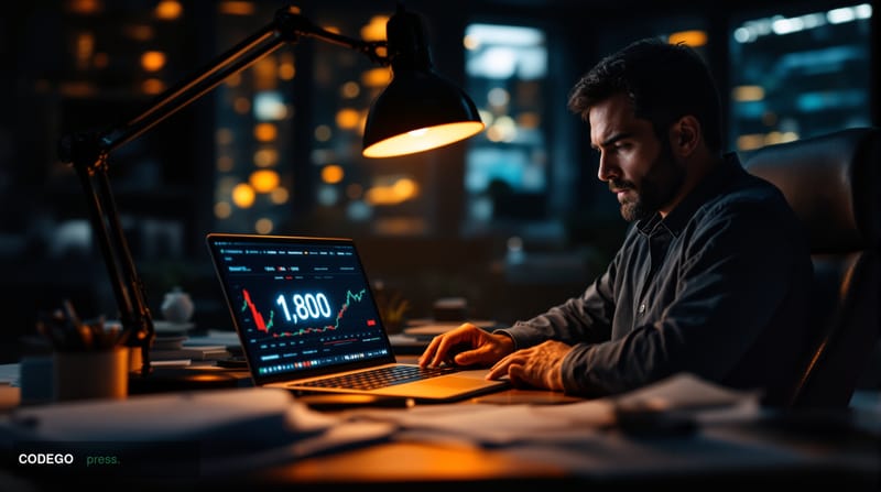 A cinematic editorial photograph capturing Ethereum's market volatility through a dramatic financial trading environment. The
