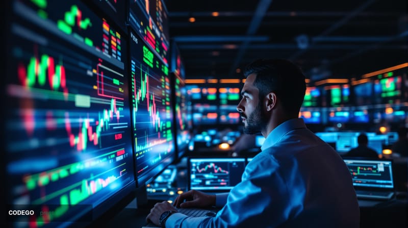 A cinematic editorial photograph capturing the tension of cryptocurrency trading floors and digital asset markets. The scene 