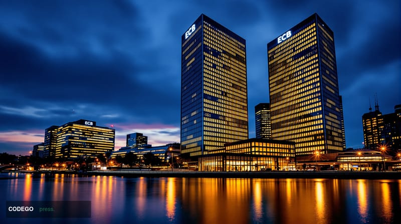 A dramatic wide-angle photograph of the European Central Bank headquarters in Frankfurt am Main, Germany, captured during gol