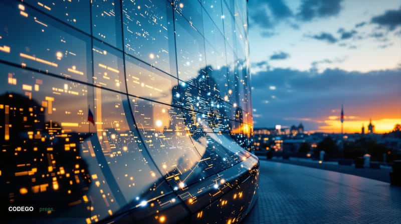 A cinematic editorial photograph capturing the European Union's regulatory headquarters in Brussels, featuring the distinctiv
