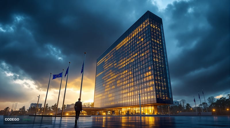A dramatic wide-angle shot of the European Commission headquarters in Brussels, Belgium, with its distinctive modern glass an