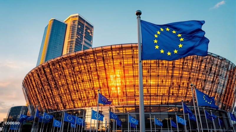 Cinematic editorial photograph of the European Parliament building in Strasbourg at golden hour, with the EU flag prominently