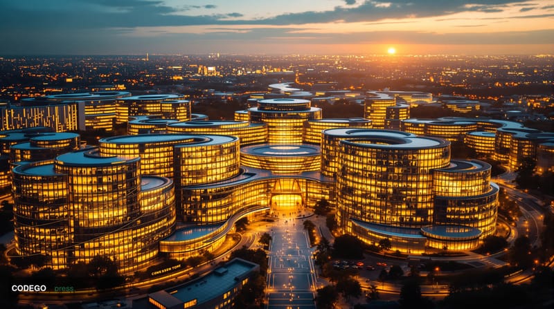 A dramatic aerial view of the European Union headquarters complex in Brussels, Belgium, with the distinctive Europa building'