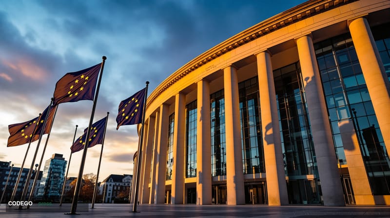 A cinematic editorial photograph showing the imposing neoclassical facade of the European Commission headquarters building in