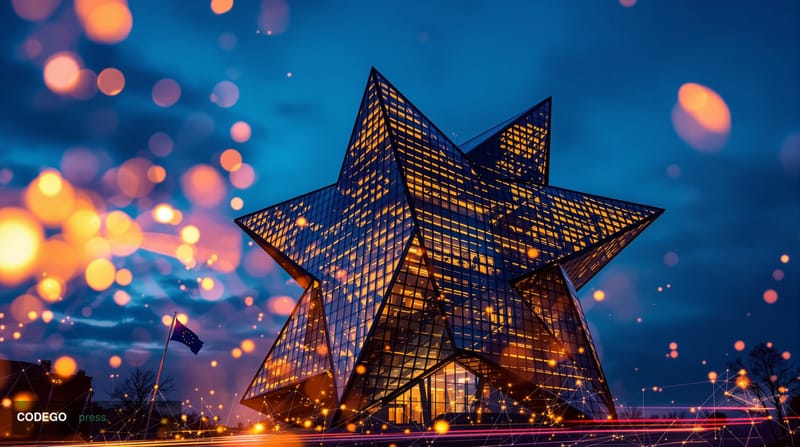 A cinematic editorial photograph showcasing the European Commission headquarters in Brussels' Berlaymont building, captured d