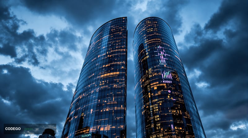A dramatic editorial photograph capturing the European regulatory crackdown on cryptocurrency exchanges. The scene shows the 