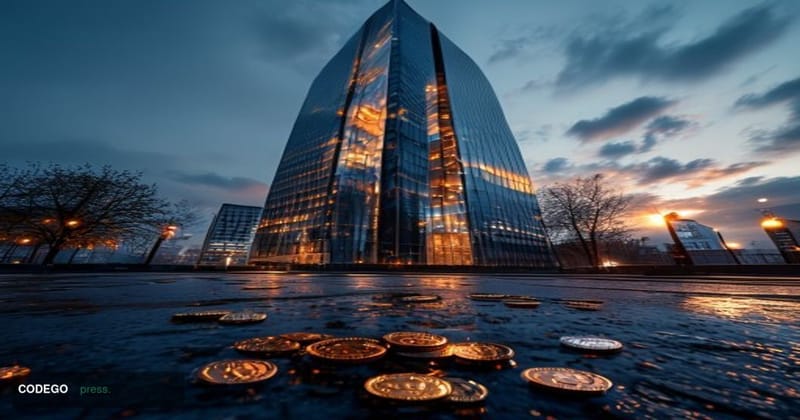 A dramatic photorealistic editorial photograph of the European Central Bank headquarters in Frankfurt, Germany, captured duri