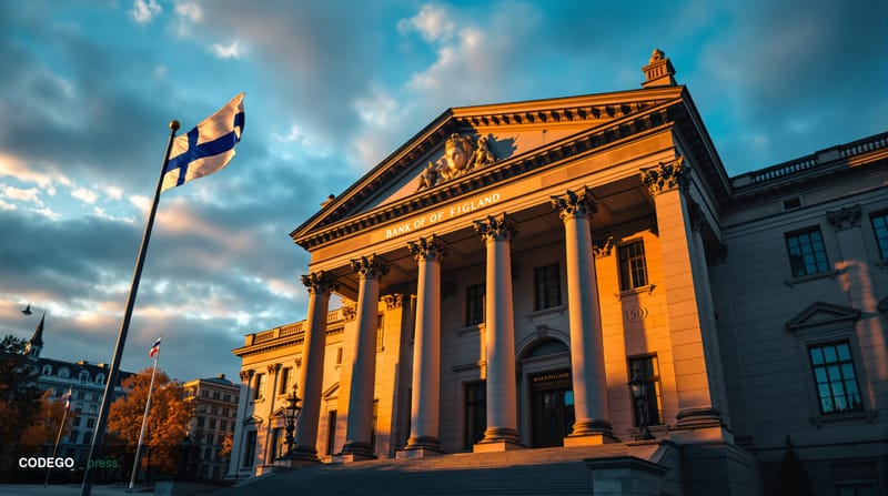 A cinematic editorial photograph of the neoclassical Bank of Finland headquarters building in Helsinki, captured during the g