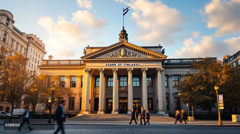 A cinematic editorial photograph of the Bank of Finland headquarters in Helsinki, captured during the early morning golden ho