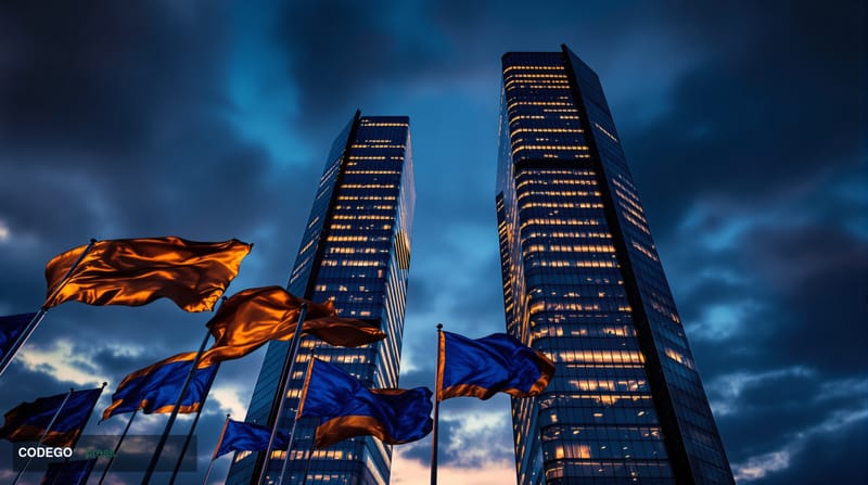 A dramatic wide-angle photograph of the European Central Bank headquarters in Frankfurt, Germany, captured during golden hour